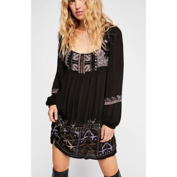 Free People Women’s Rhiannon Embroidered Long Sleeves Mini Boho Dress Size Small - Picture 1 of 10